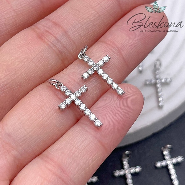 18,5*10,5 мм Цвет серебро, Подвеска крест белые цирконы 