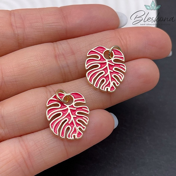 18*16 мм Цвет золото, Подвеска Монстера лист розовая эмаль 