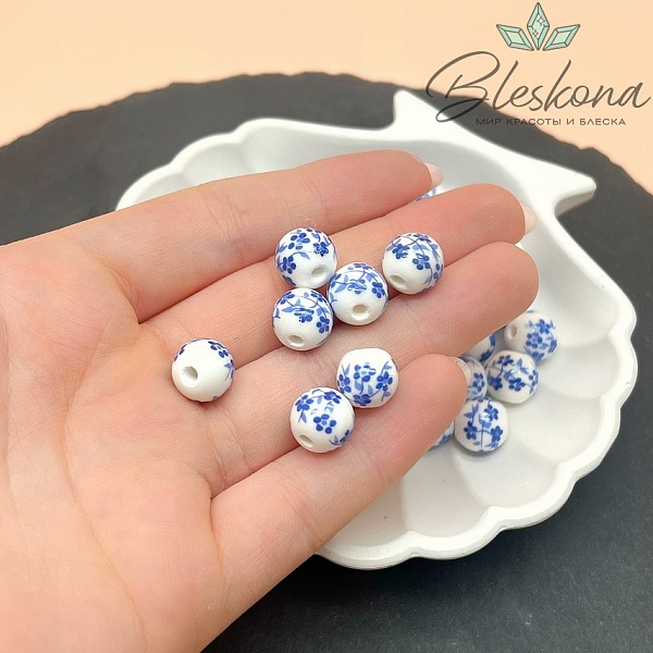 10 мм Керамика Бусина роспись гжель №2 (штучно)