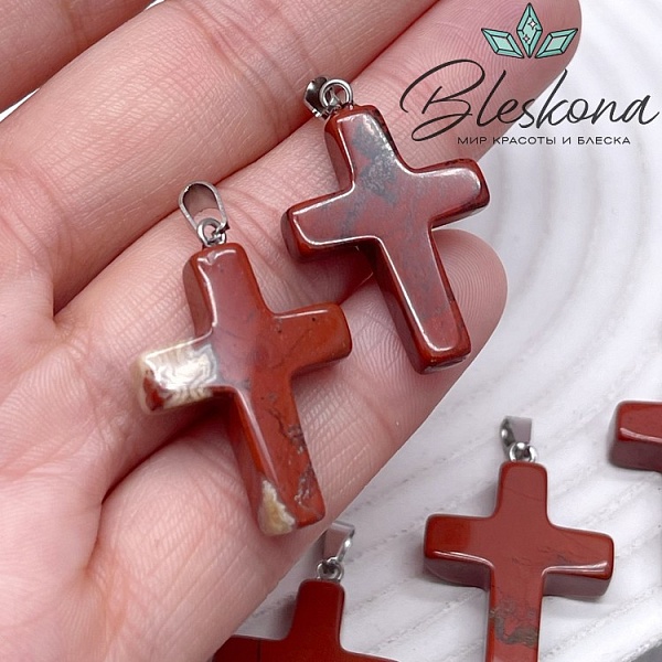 Подвеска крест Яшма красная, цвет серебро 28*18 мм