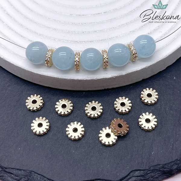 8*2 мм Цвет золото, Бусина-разделитель с цирконами 