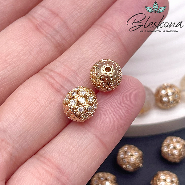 9,3*8,6 мм Цвет золото, Бусина бочонок цирконы 