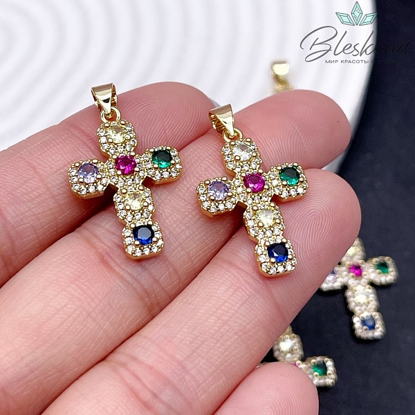 24*16 мм Цвет золото, Подвеска Крест микс цирконы с бейлом