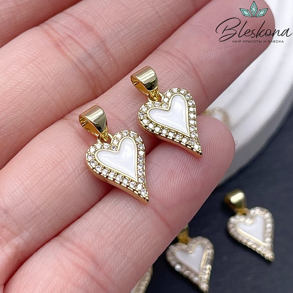 14*10,5 мм Цвет золото, Подвеска Сердце белая эмаль, цирконы 