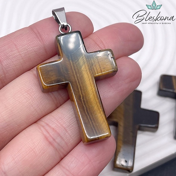 Подвеска крест Тигровый глаз, цвет серебро 44*28 мм