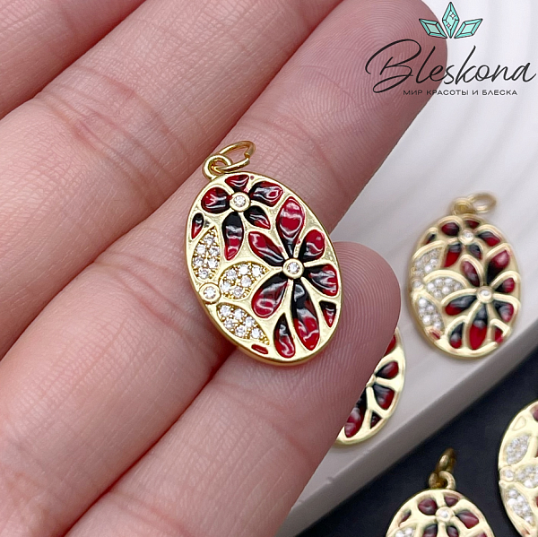 22*14 мм Цвет золото, Подвеска Овал цветы эмаль с цирконами