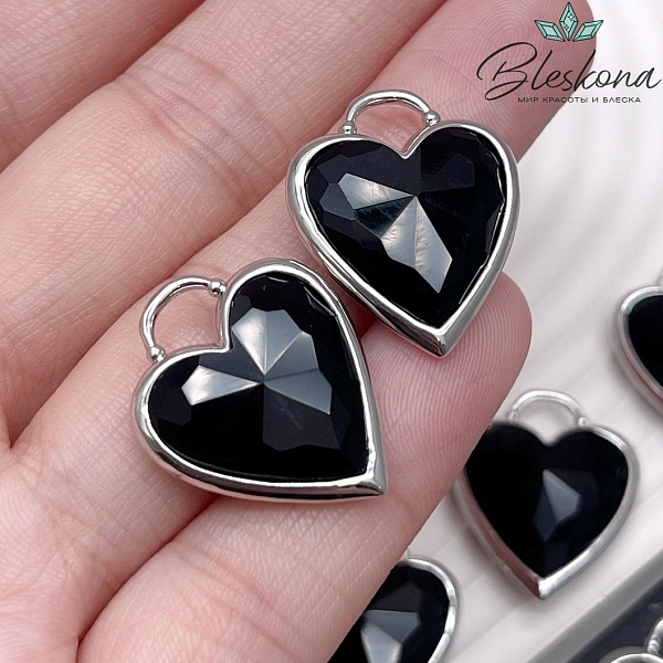 23,5*19 мм, Цвет серебро, Подвеска Сердце черный агат огранка