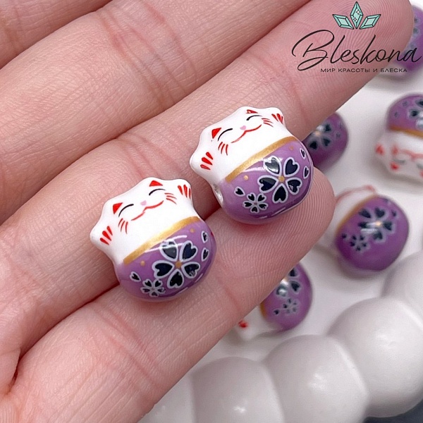 13,5*13 мм Керамика бусина Котик фиолетовый, отверстие поперек