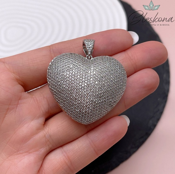 34*40 мм Цвет серебро, Подвеска  Сердце цирконы