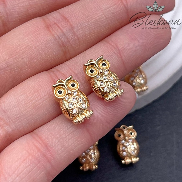 8,5*12,5мм, цвет золото, Подвеска сова цирконы 