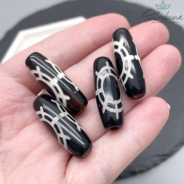 Бусина Дзи Колесо Фартуны черно-белый бочонок 30*11 мм