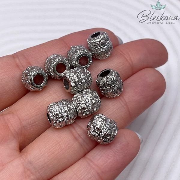 9,5*9 мм Цвет серебро, Бусина - разделитель бочонок с цирконами
