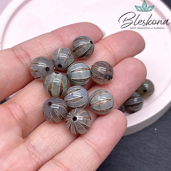 Бусина Дзи полосы зелено-коричневый шар 10 мм уп.10 шт.