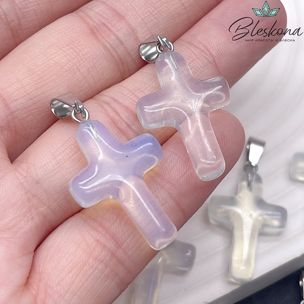 Подвеска крест Лунный камень (имитация), цвет серебро 28,5*18 мм