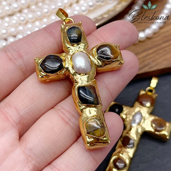 38*65 мм Цвет золото, Подвеска крест Жемчуг, Тигровый Глаз в обрамлении