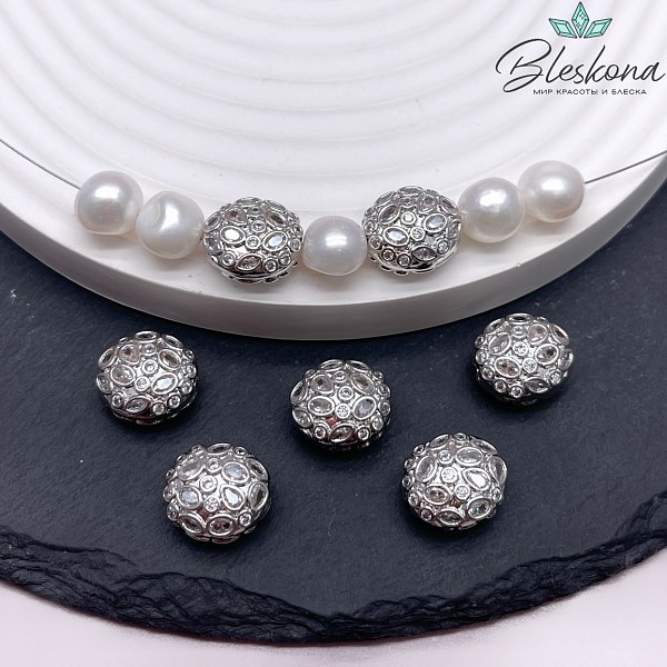 13 мм Цвет серебро, Бусина шар плоский цирконы