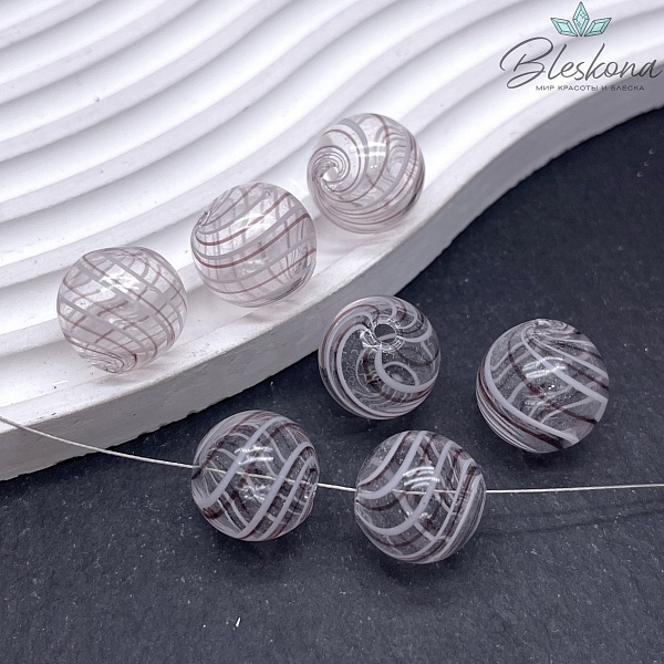 16 мм Бусина шар стекло прозрачное бело-коричневые полосы