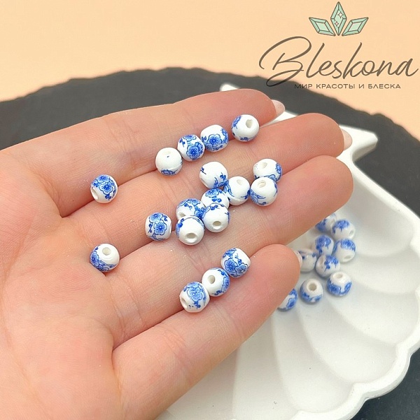 6 мм Керамика Бусина роспись гжель №3 (штучно)