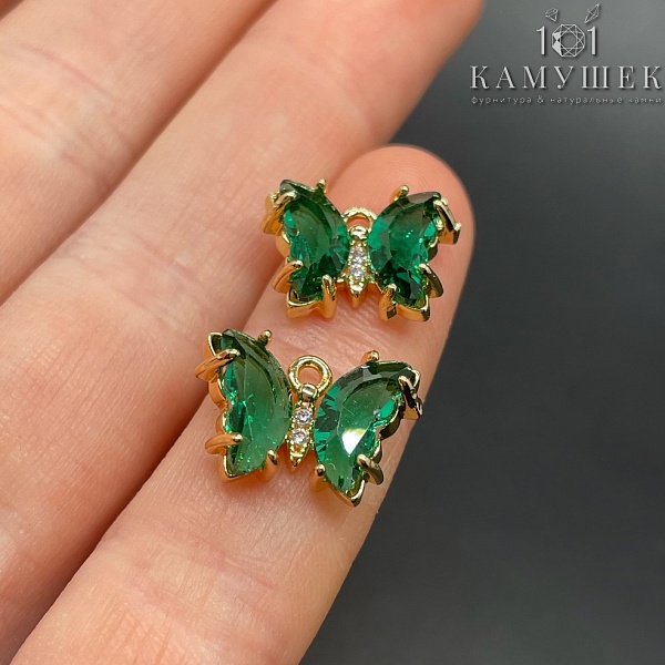 10*15,8мм, Цвет золото, Подвеска Бабочка зеленое стекло