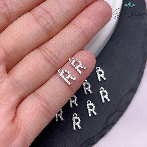 9,4 мм Цвет серебро, Буква R цирконы 