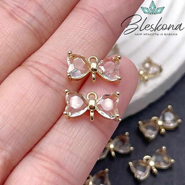 7*13 мм, Цвет золото, Коннетор два сердца прозрачное стекло