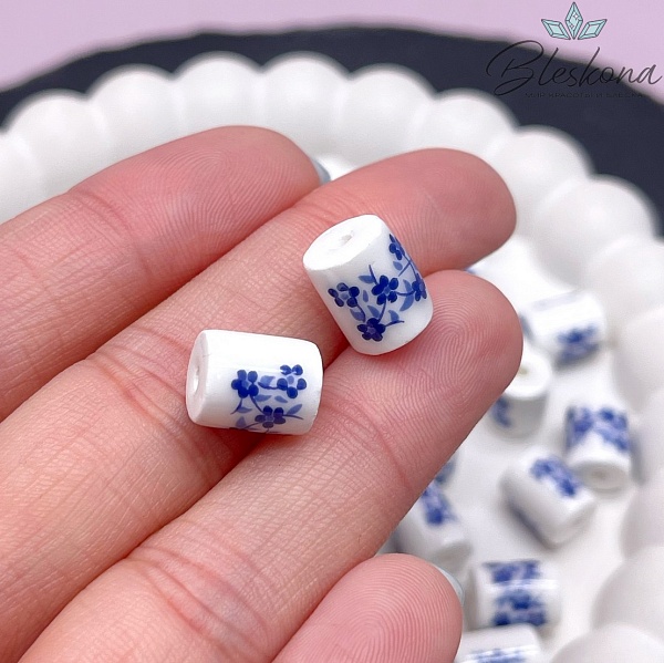 10,5*8,5 мм Керамика Бусина цилиндр роспись гжель №2 (штучно)