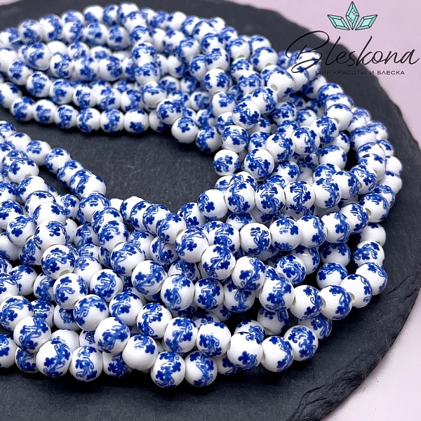 8 мм Керамика Бусина роспись гжель №1