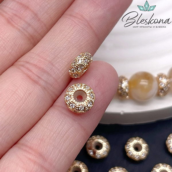 8*3,9 мм Цвет золото, Бусина-разделитель цирконы со стоппером