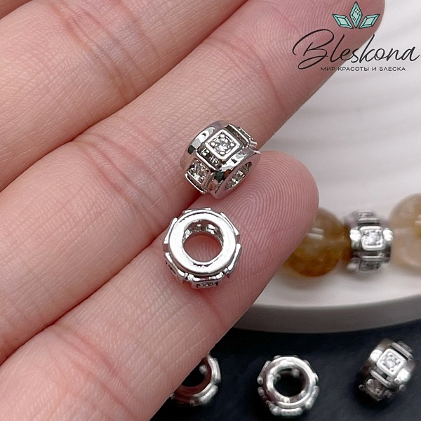 8*6 мм, цвет серебро, Бусина - разделитель цирконы 