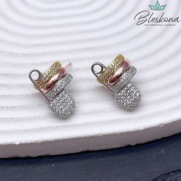 13*21 мм цвет биколор, Пусеты полусфера с булавкой цирконы 