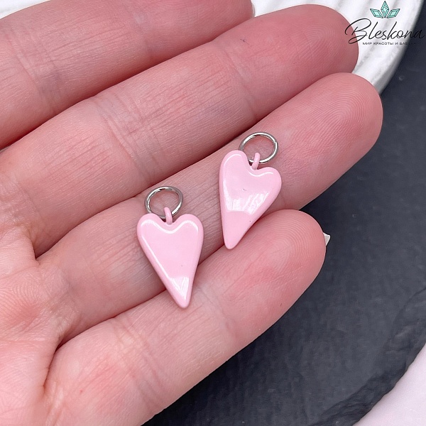 15,5*10 мм, Цвет серебро, Подвеска сердце розовая эмаль