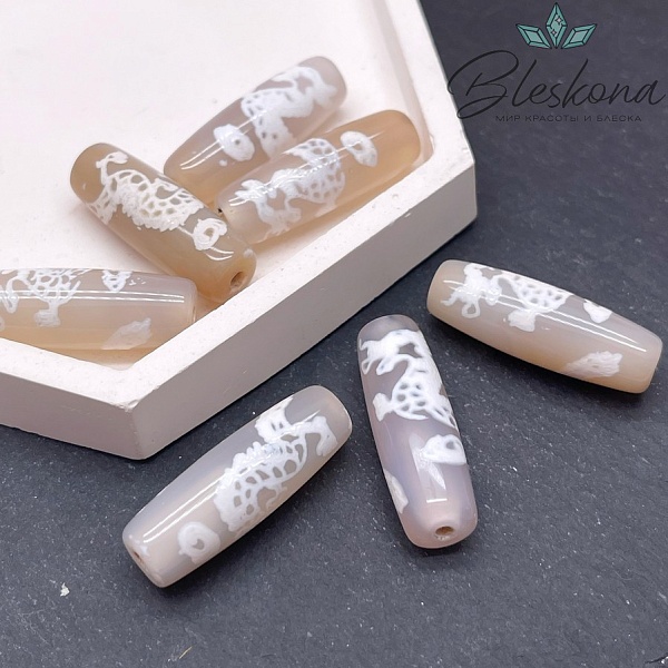 Бусина Дзи Дракон серо-белый бочонок 30*11мм