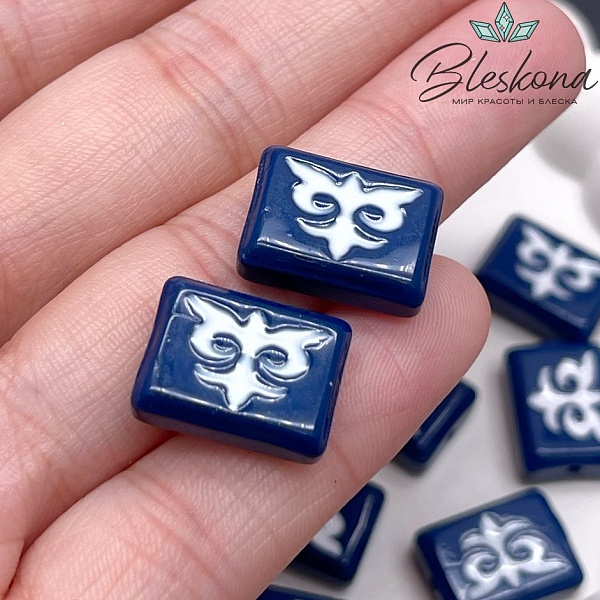 12*16 мм Бусина Этно прямоугольник синий белый рисунок