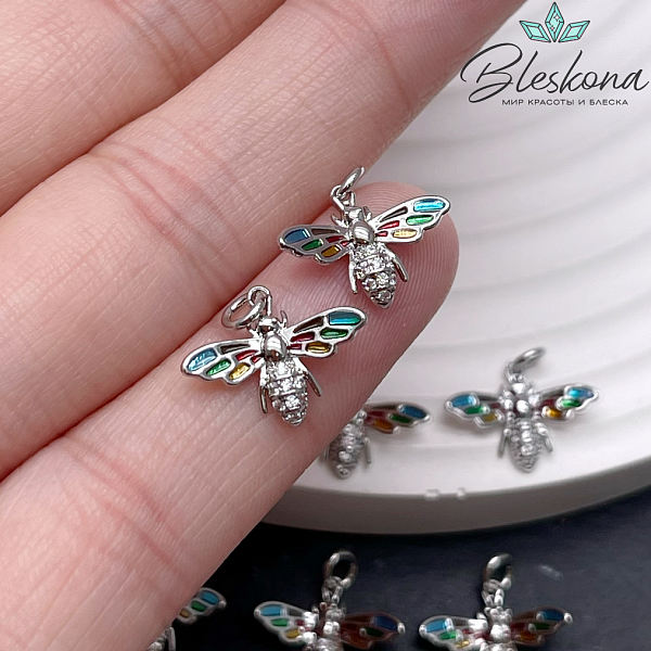 11*13 мм Цвет серебро, Подвеска Оса с цирконами цветная эмаль
