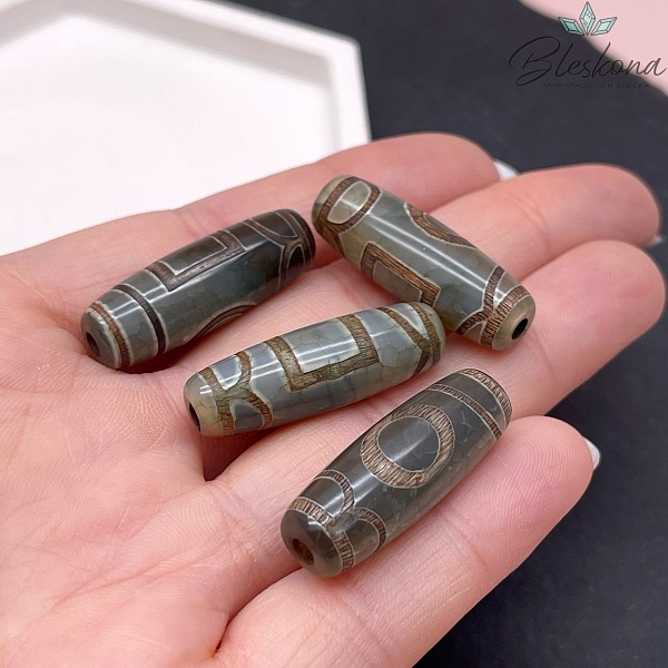 Бусина Дзи Небо и Земля зелено-коричневый бочонок №1 30*11 мм