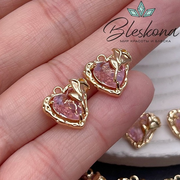 12,7*12,5 мм Цвет золото, Подвеска Сердце с розой розовый циркон