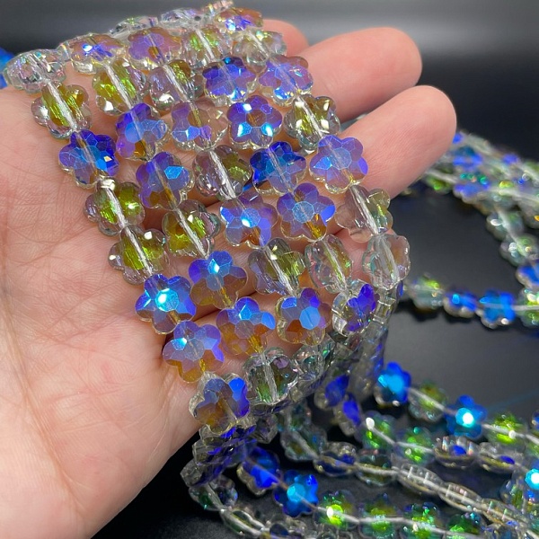 10 мм, Стекло Lux, цветок, цвет сине-зеленый