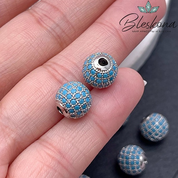10 мм Бусина с цирконами, цвет серебро