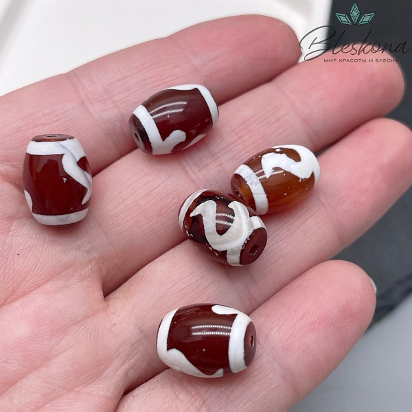 Бусина Дзи Золотой ключ бело-коричневый бочонок 10*14 мм