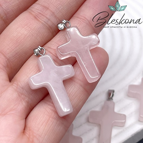 Подвеска крест Розовый кварц, цвет серебро 28*18 мм