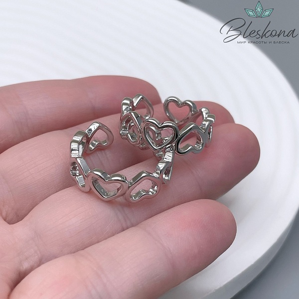 20мм, Цвет серебро, Кольцо безразмерное сердца Люкс 