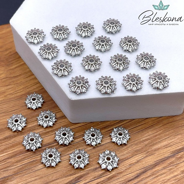 8 мм Цвет серебро, Шапочка цветок с цирконами 
