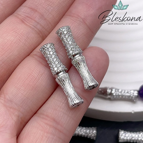 25*5,8 мм Цвет серебро, Бусина трубочка бамбук с цирконами 