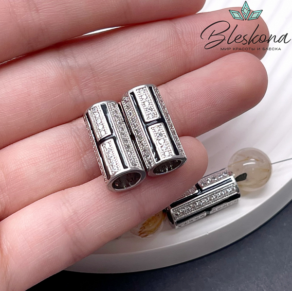 19*9 мм Цвет серебро, Бусина цилиндр цирконы черная эмаль