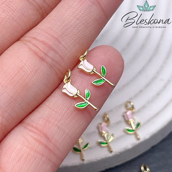 12,5*6 мм Цвет золото, Подвеска роза розовая эмаль