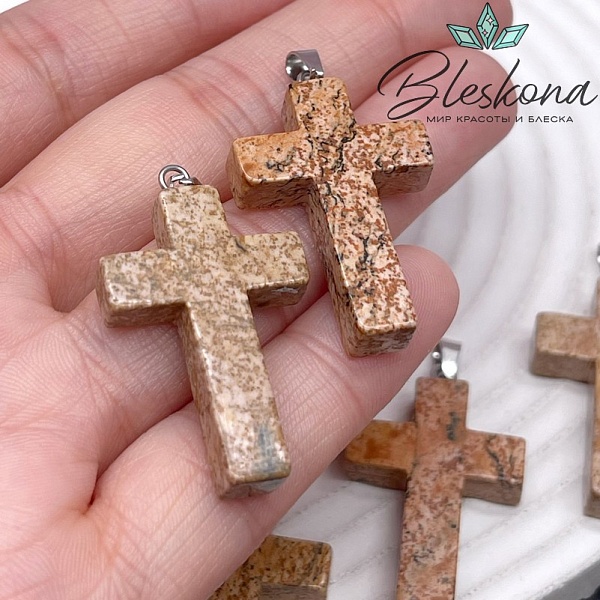 Подвеска крест Яшма пейзажная, цвет серебро 35*22 мм