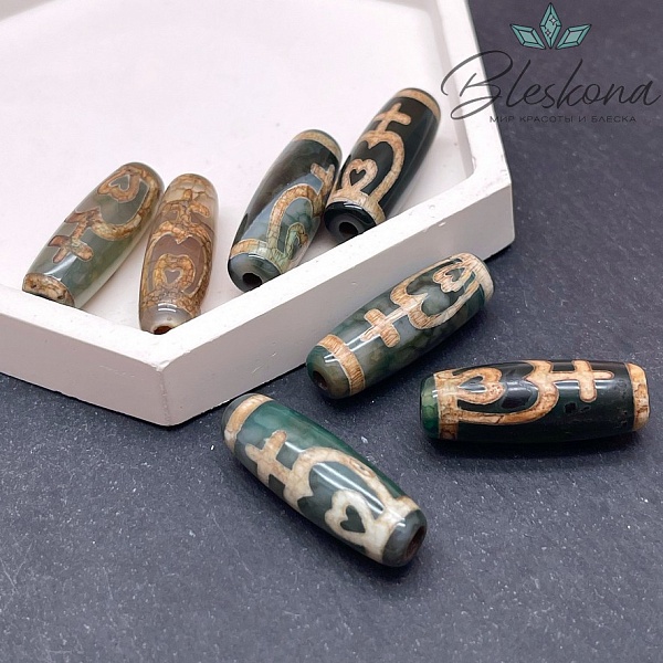 Бусина Дзи Нектарный Сосуд Изобилия зелено-коричневый бочонок 30*11 мм