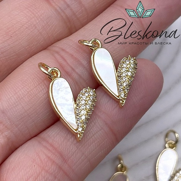 18*11 мм Цвет золото, Подвеска сердце с перламутром и цирконами