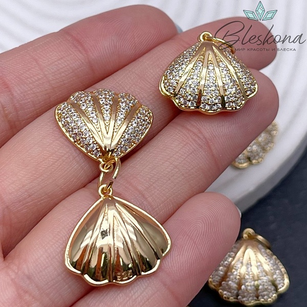 18*19мм,цвет золото Подвеска Двойная Ракушка с цирконами 
