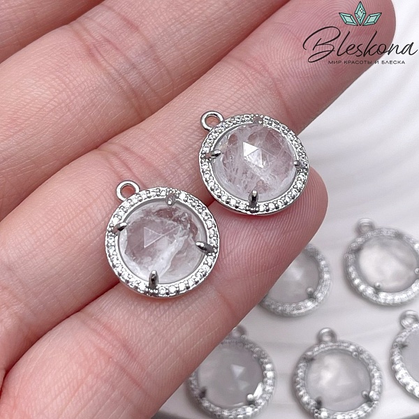 13 мм, цвет серебро Подвеска круг Горный хрусталь огранка в обрамлении цирконы